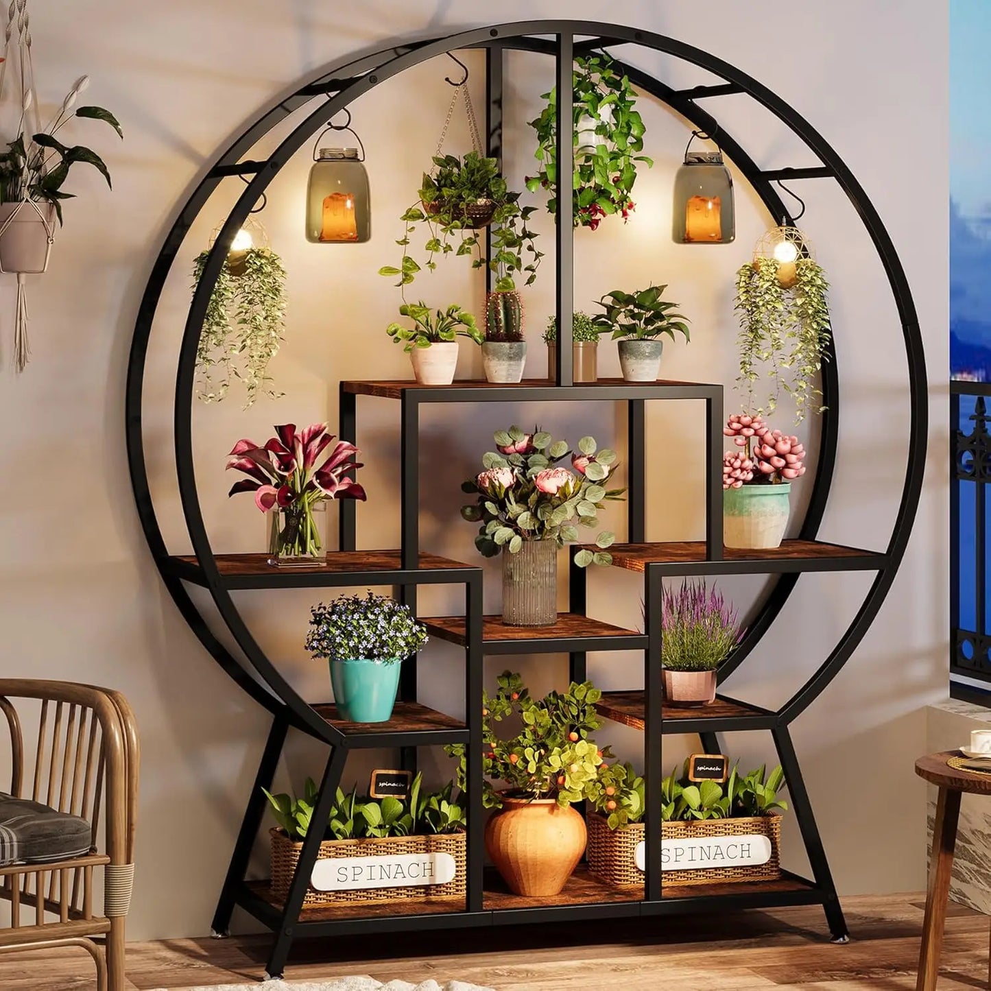 Decorative circular shelf with plants and flowers in a home setting