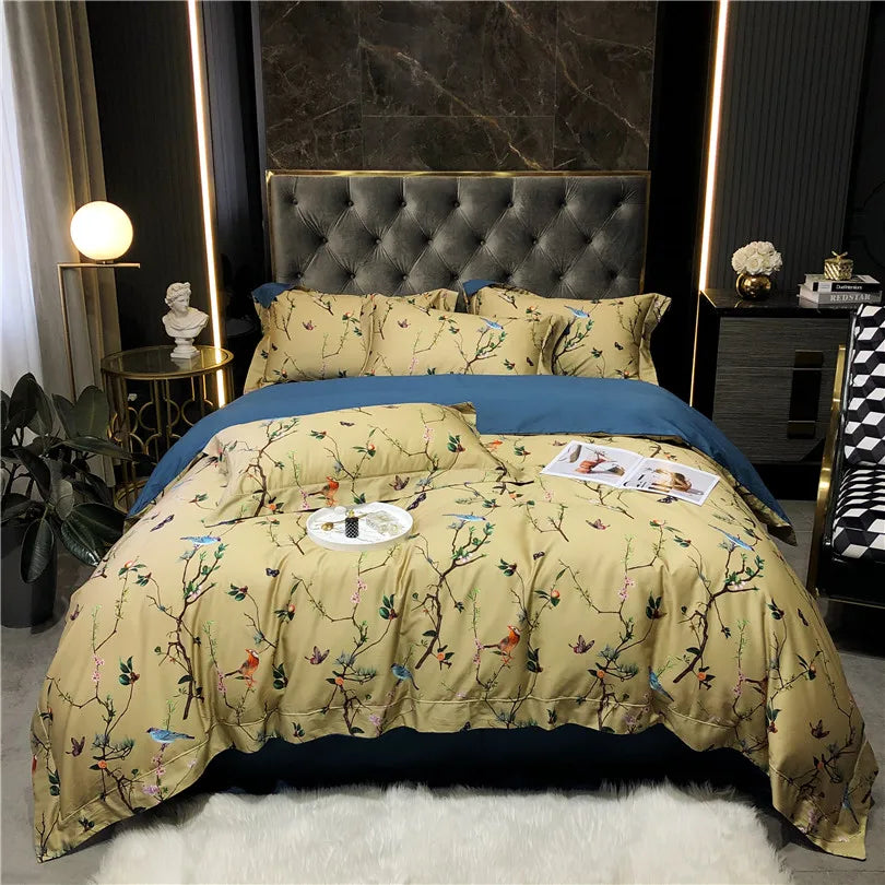 Bed with floral comforter in a bedroom setting