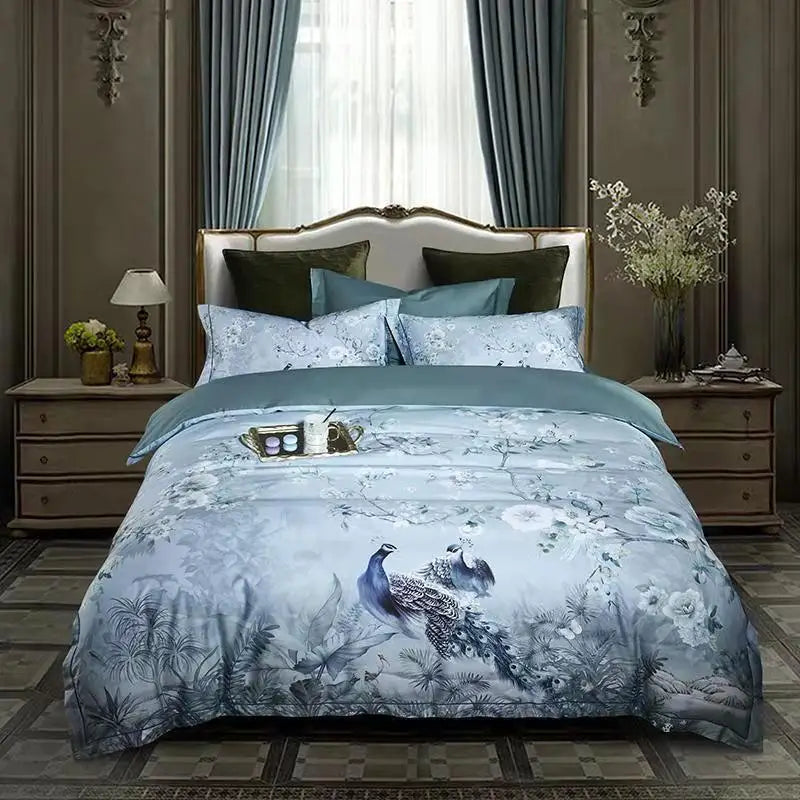 Bedding set with peacock design in a bedroom setting
