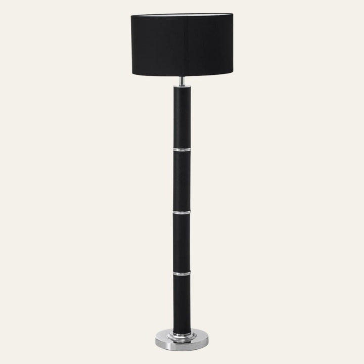 Hanah Black Snake Leather Effect Floor Lamp with Chrome Base and Black Shade