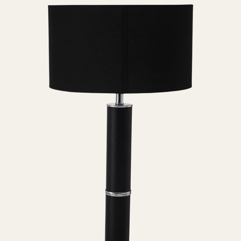 Hanah Black Snake Leather Effect Floor Lamp with Chrome Base and Black Shade