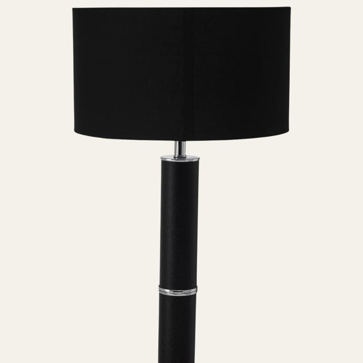 Hanah Black Snake Leather Effect Floor Lamp with Chrome Base and Black Shade
