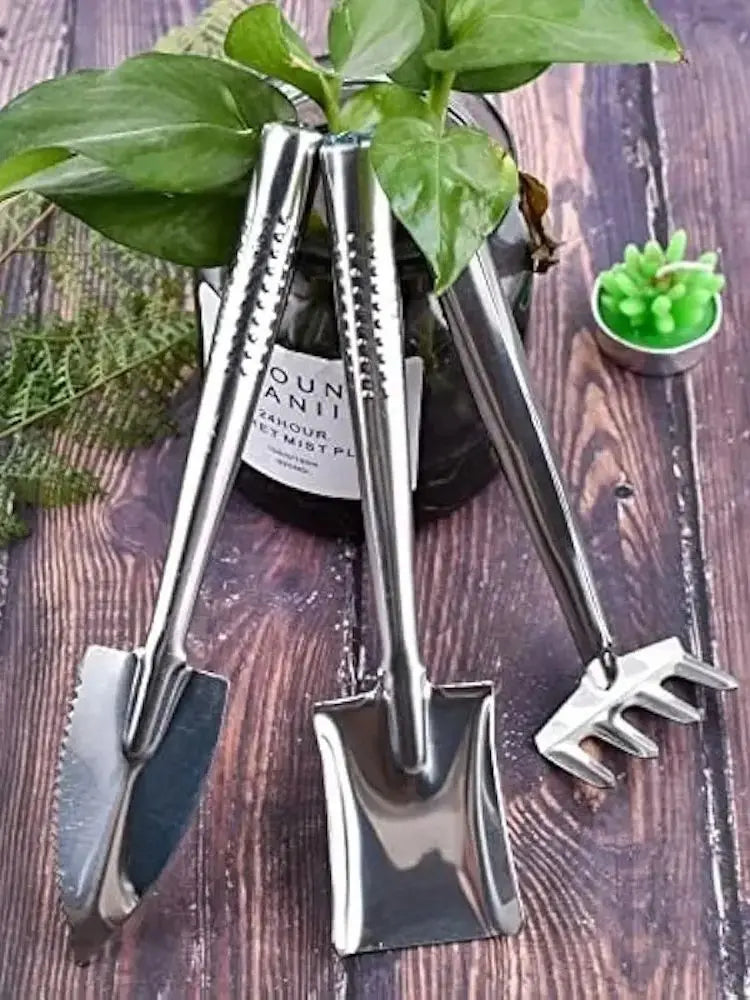 Set of four metal garden tools on a wooden surface with plants in the background