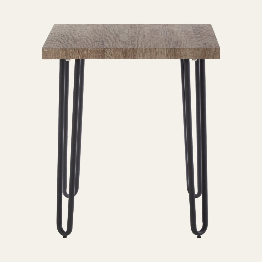 Alar Hairpin Wood Side Table with natural wood-grain top and black metal hairpin legs