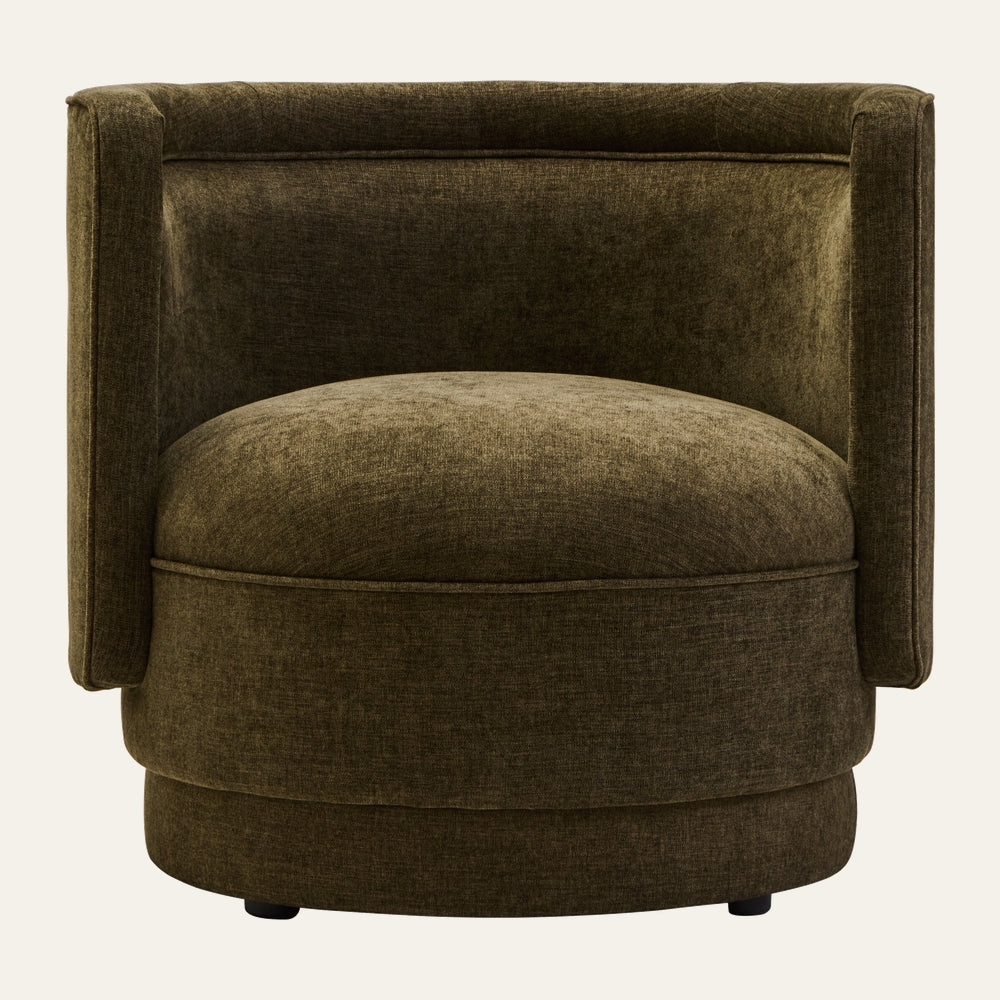 Alena Chenille Curved Chair in olive-green chenille, rounded seat cushion with curved wraparound back and short black feet