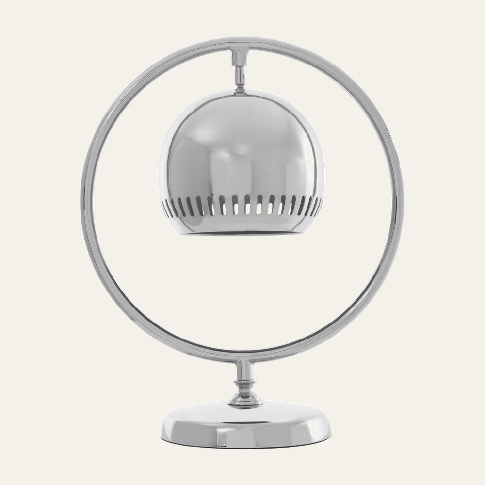 Alina Circle Table Lamp with polished chrome circular frame, suspended vented dome shade and round pedestal base
