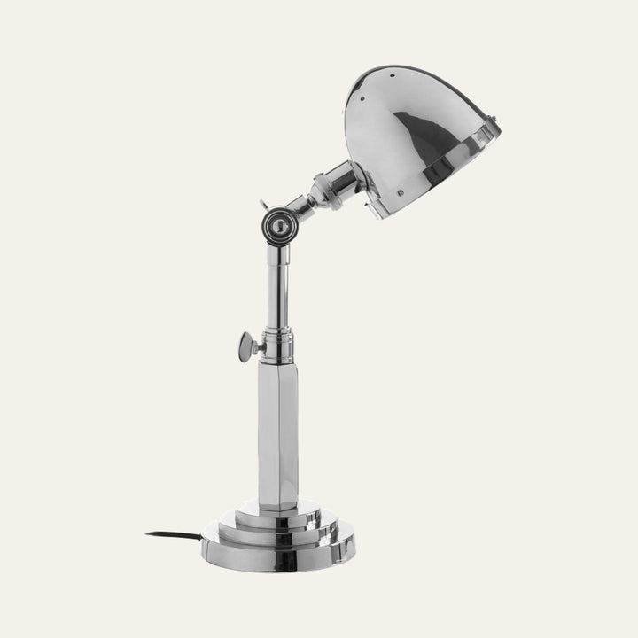 Alina Glass Table Lamp — polished chrome adjustable metal desk lamp with dome shade and stepped round base