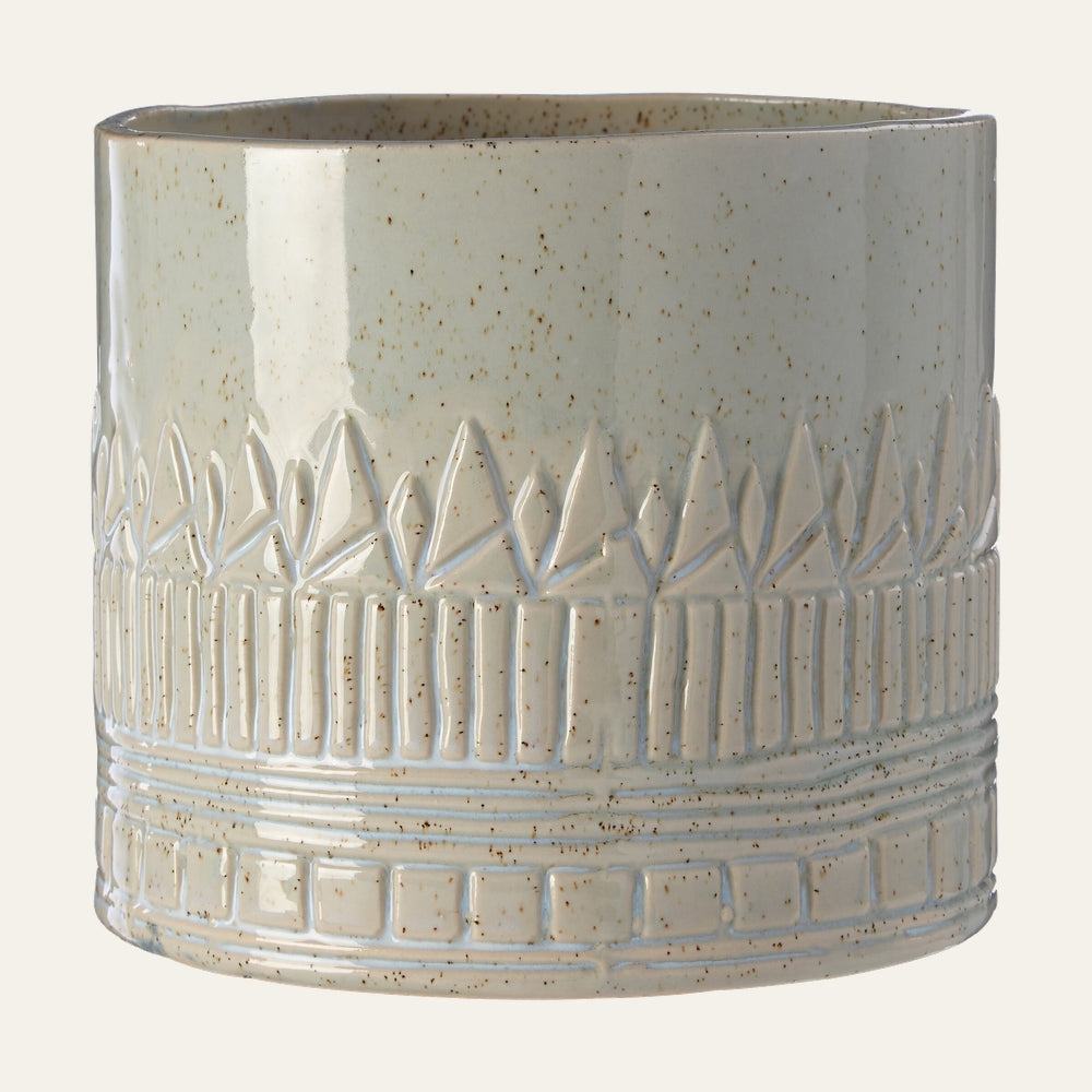 Amarisa Ceramic Small Planter, small cylindrical speckled cream ceramic pot with glossy glaze and raised geometric leaf and banded motifs