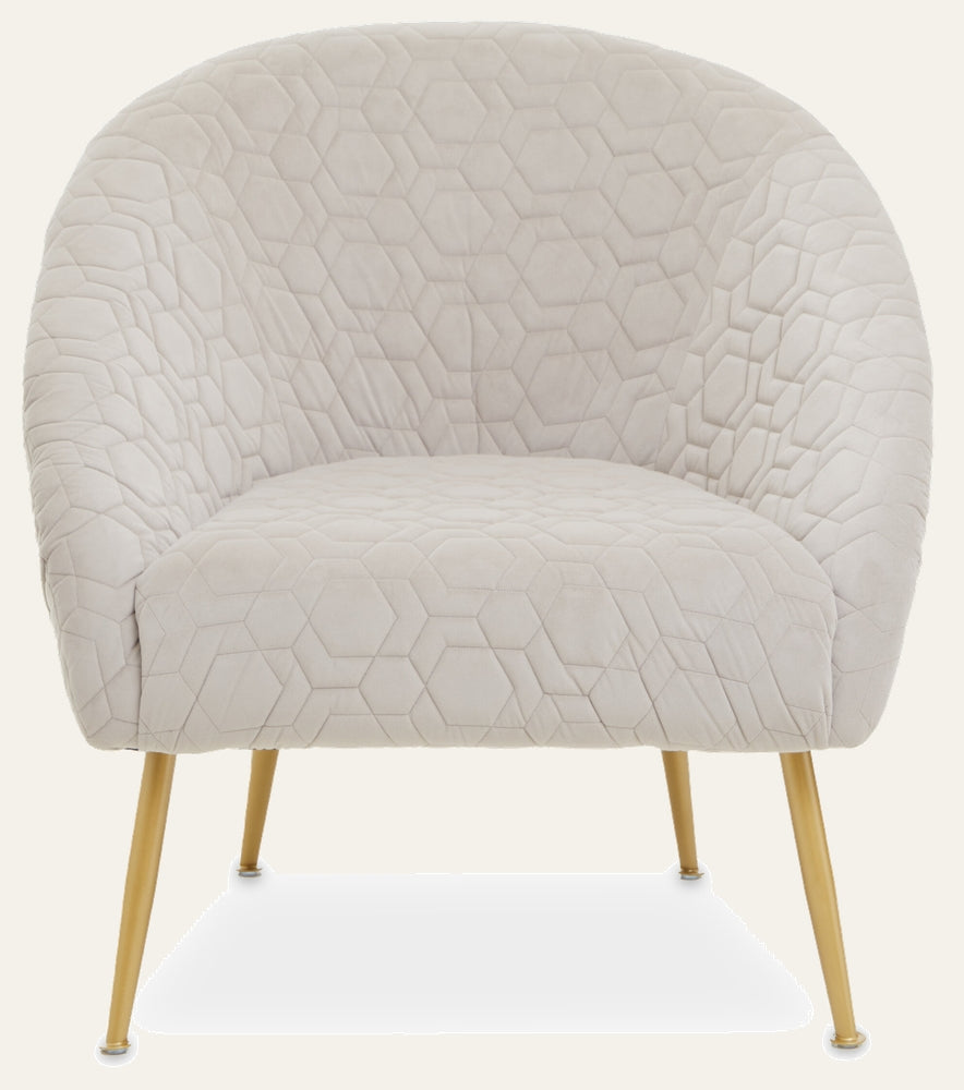 Amathia Chair — cream quilted velvet barrel chair with hexagon stitch pattern and tapered gold metal legs