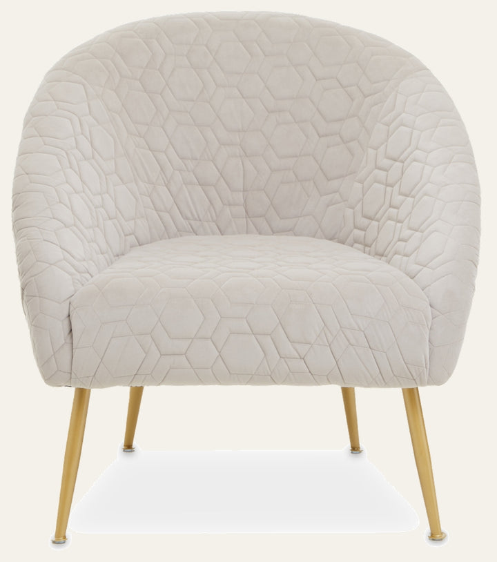 Amathia Chair — cream quilted velvet barrel chair with hexagon stitch pattern and tapered gold metal legs