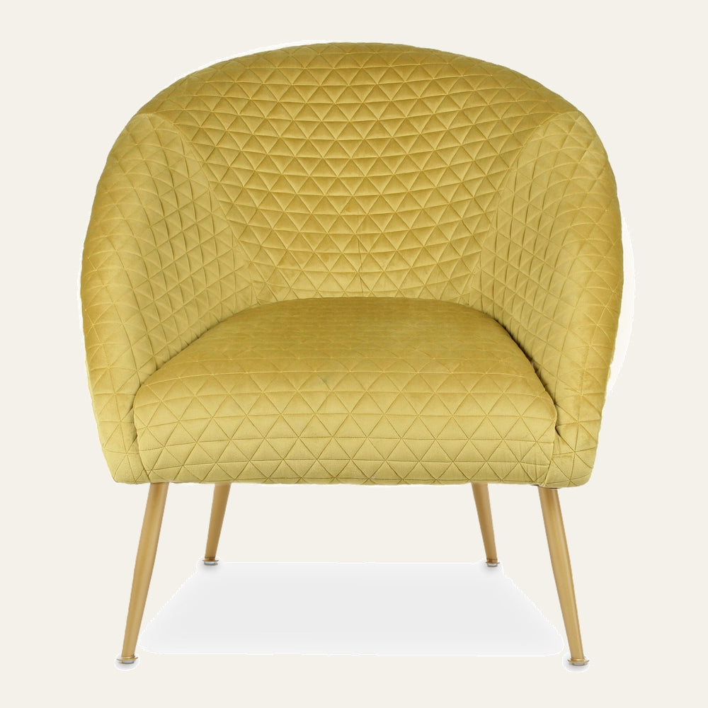 Amathia Gold Velvet Occasional Chair, front view of a barrel-shaped gold velvet chair with diamond-quilted upholstery and slender gold metal tapered legs