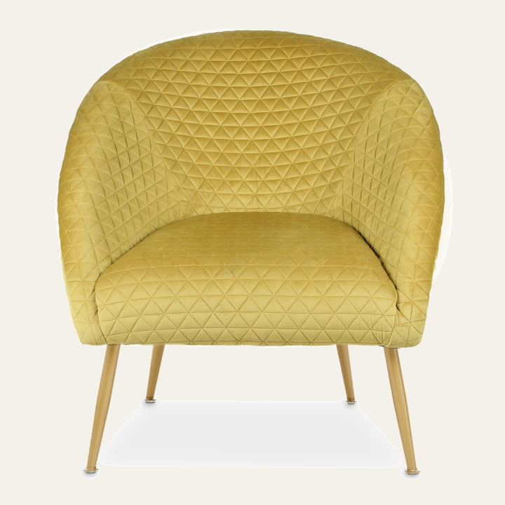 Amathia Gold Velvet Occasional Chair, front view of a barrel-shaped gold velvet chair with diamond-quilted upholstery and slender gold metal tapered legs