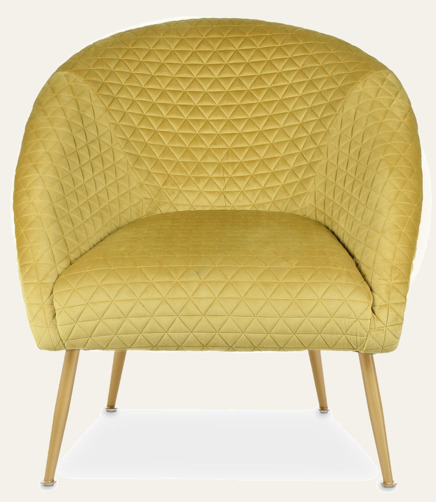 Amathia Gold Velvet Occasional Chair with curved barrel back, quilted diamond-pattern gold velvet upholstery and slender gold-tone metal legs