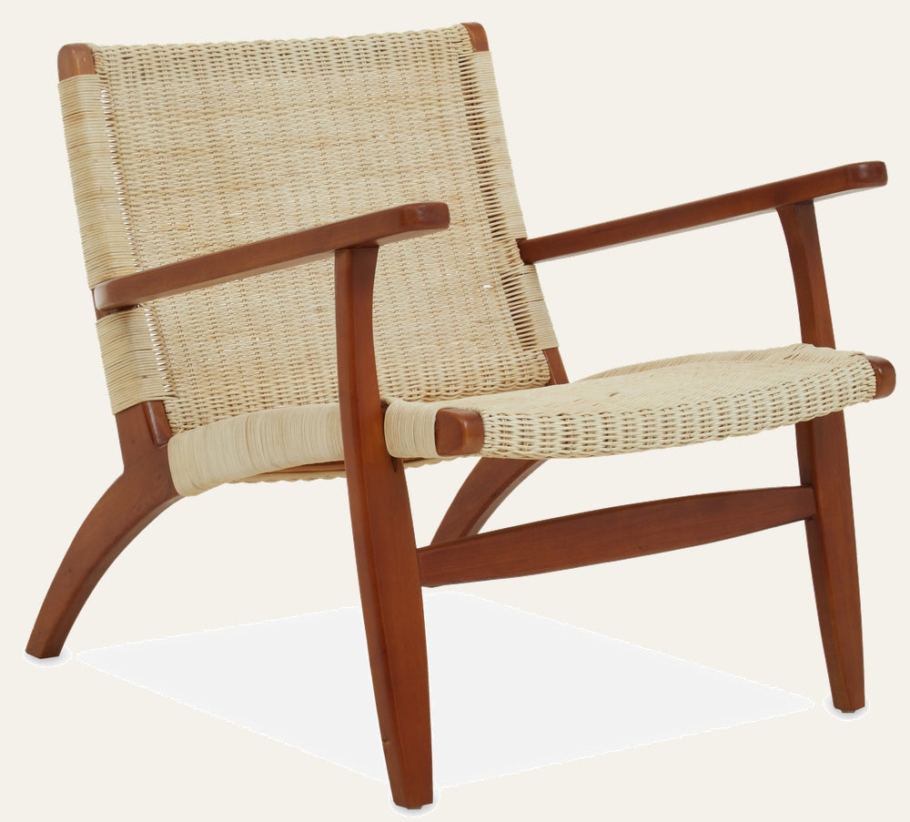 Amavaya Woven Rattan Chair with natural woven rattan seat and back and warm brown curved wooden frame and armrests.