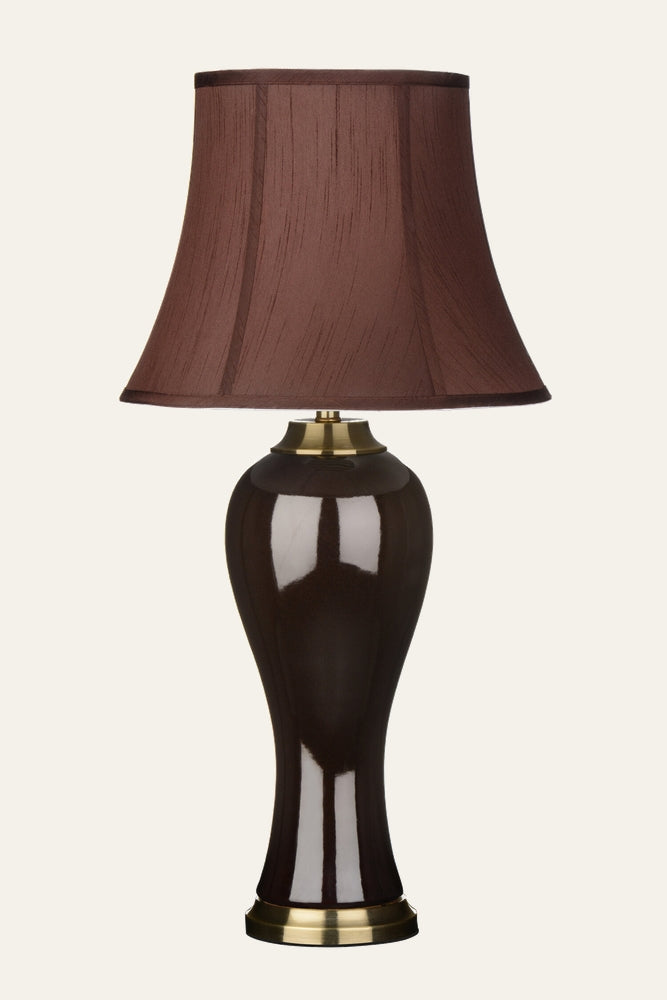 Amavella Brown Shade Feature Lamp with brown fabric bell-shaped shade, glossy dark brown urn-shaped ceramic base and brass-tone accents