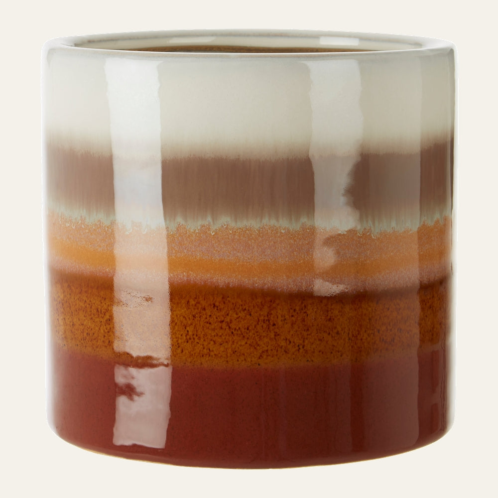 Anilena Round Planter, glossy glazed ceramic cylinder with cream, taupe, amber and rust-red horizontal banded finish