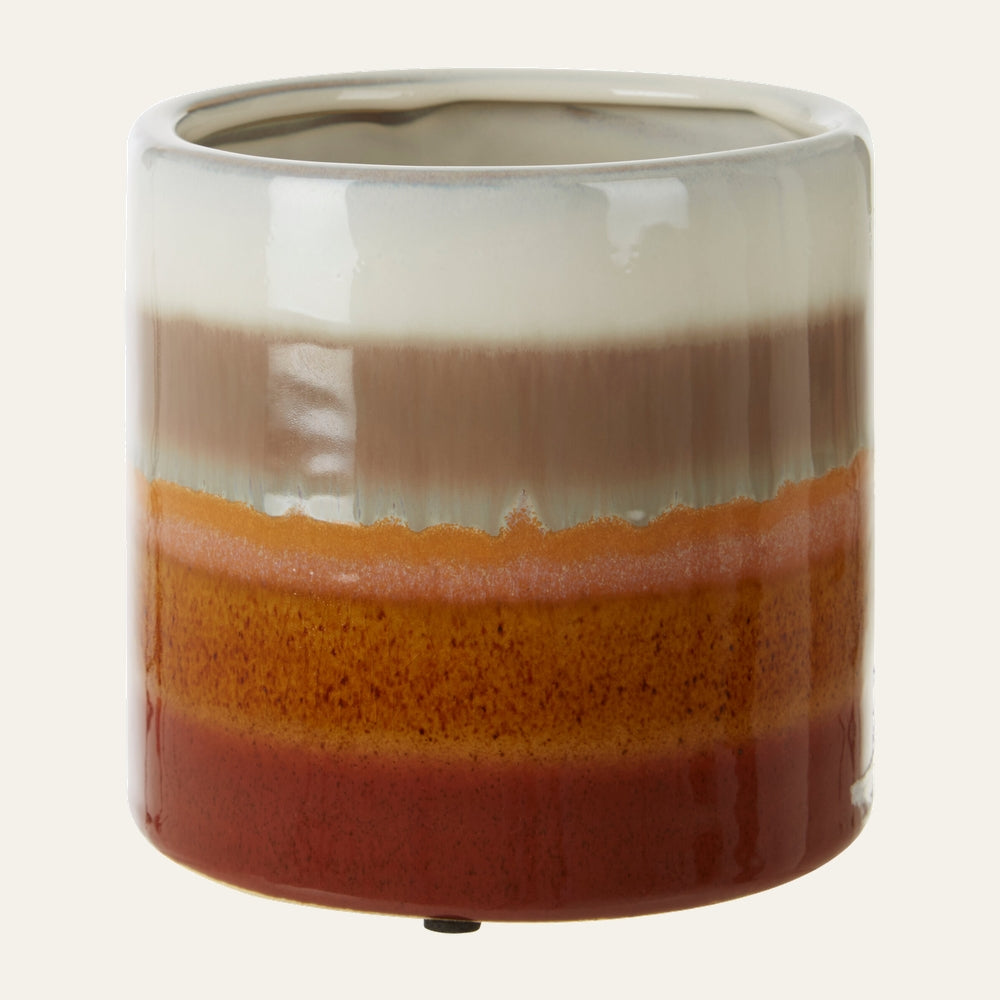 Anilena Round Planter — glossy glazed ceramic cylinder with layered cream, taupe, amber and rust bands