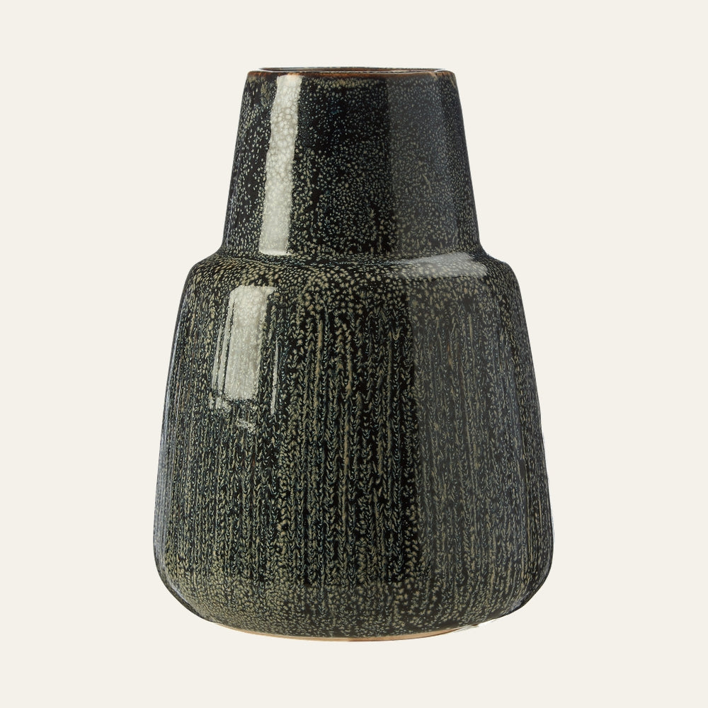 Anisira Large Ceramic Vase, two-tiered tapered ceramic vase with glossy dark speckled glaze (black with beige flecks)