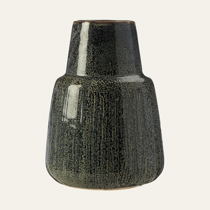 Anisira Large Ceramic Vase, two-tiered tapered ceramic vase with glossy dark speckled glaze (black with beige flecks)