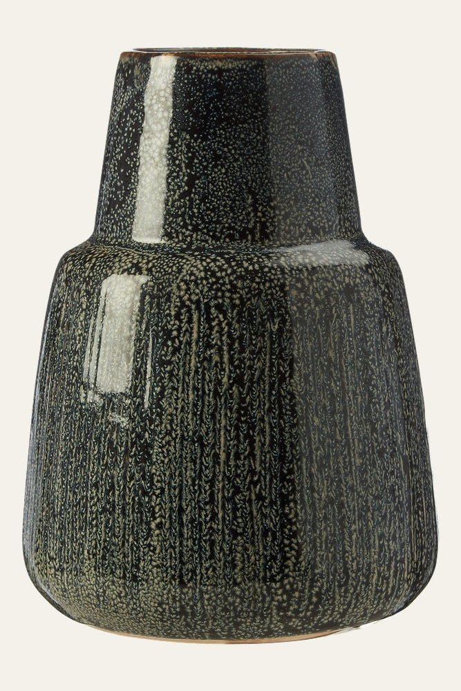 Anisira Large Ceramic Vase — tiered ceramic vase with glossy dark green-black speckled glaze and subtle vertical textured pattern