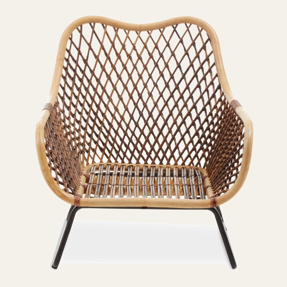 Anithia Iron Frame Chair with curved natural wood frame, brown diamond-weave rattan seat and back, and black iron legs
