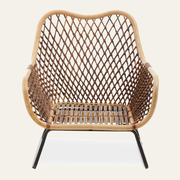 Anithia Iron Frame Chair with curved natural wood frame, brown diamond-weave rattan seat and back, and black iron legs