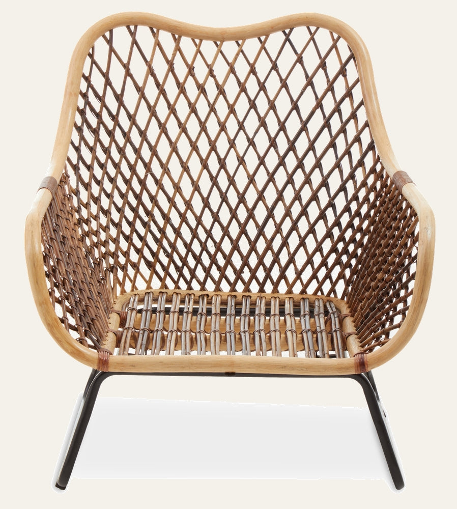 Anithia Iron Frame Chair with natural light wood frame, diamond‑pattern woven rattan-style seat and high curved back on black iron legs