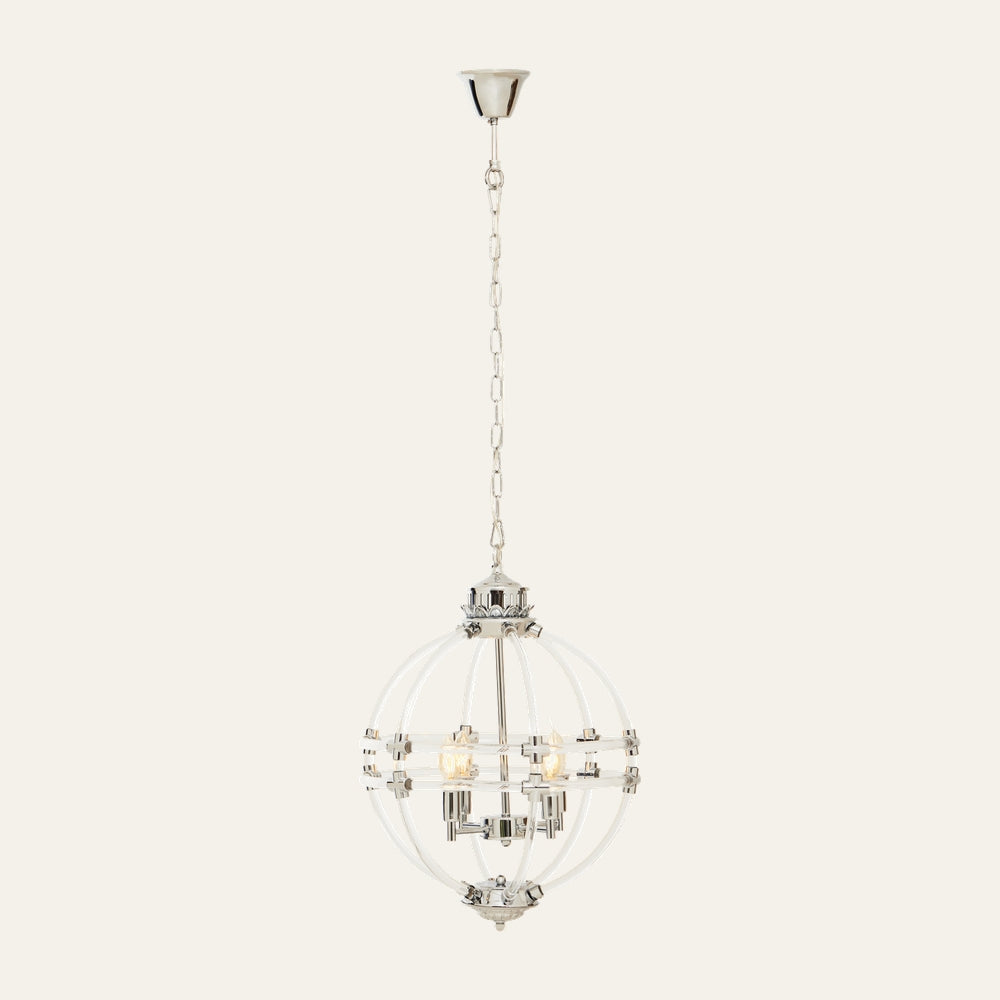 Anivaya Acrylic Pendant Light with spherical clear acrylic ribs, polished chrome metal frame and hanging chain, featuring exposed candelabra bulbs