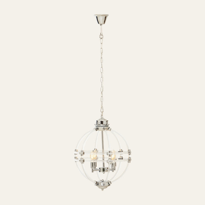 Anivaya Acrylic Pendant Light with spherical clear acrylic ribs, polished chrome metal frame and hanging chain, featuring exposed candelabra bulbs