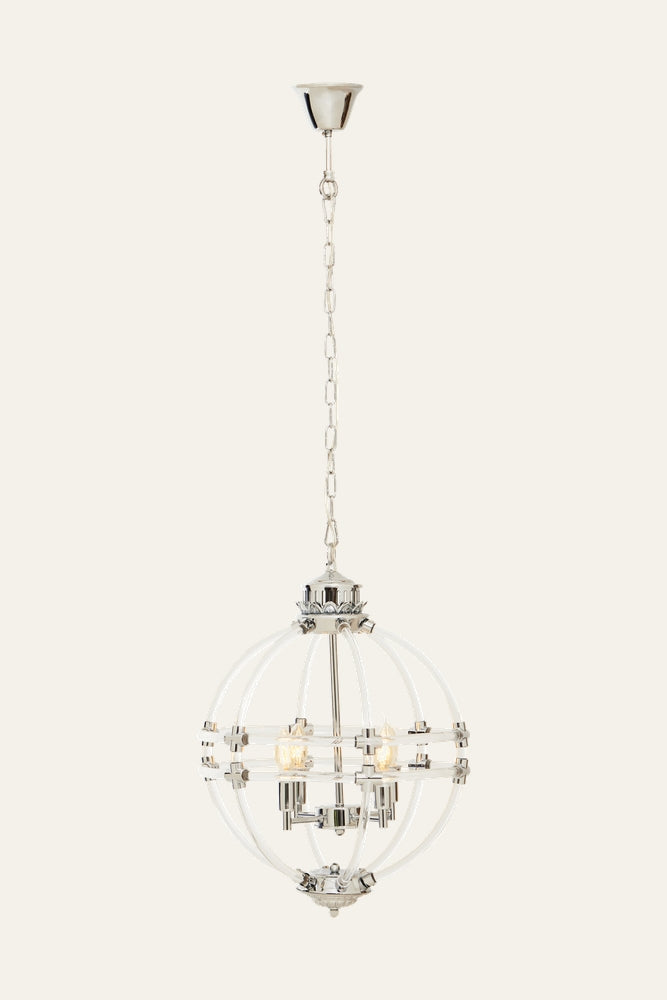 Anivaya Acrylic Pendant Light — spherical clear acrylic band pendant with polished chrome fittings, hanging chain and exposed warm-glow candelabra-style bulbs