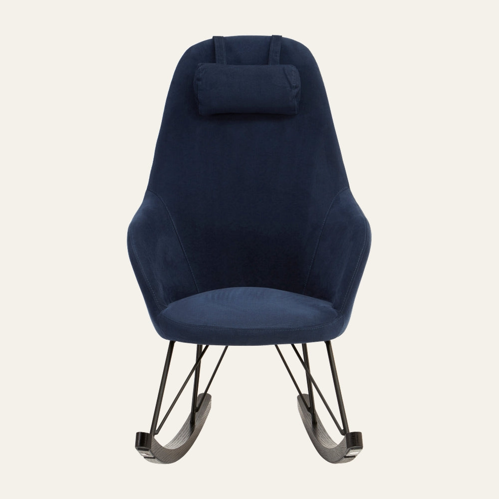 Arariya Open Frame Rocking Chair — deep blue fabric high-back shell with attached head cushion, black metal open-frame supports and dark curved wooden rockers