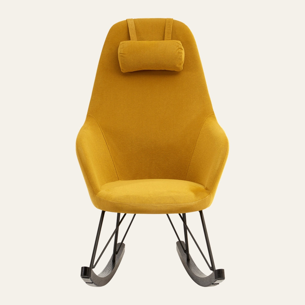 Arariya Open Frame Rocking Chair in mustard yellow fabric with high back and detachable head pillow, black metal open-frame legs and dark curved rockers