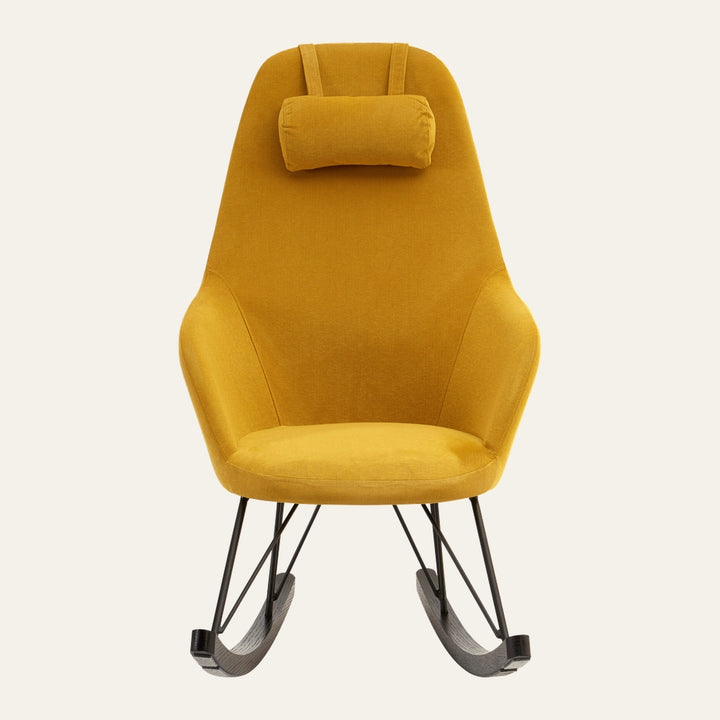 Arariya Open Frame Rocking Chair in mustard yellow fabric with high back and detachable head pillow, black metal open-frame legs and dark curved rockers