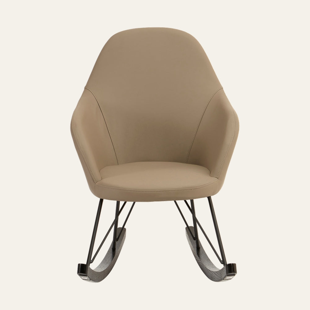 Arariya Open Frame Rocking Chair — tan upholstered curved shell seat with visible stitching, black metal open-frame base and dark wood rocking runners