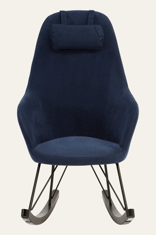 Arariya Open Frame Rocking Chair, navy blue upholstered high-back seat with strap-attached head pillow, black metal open-frame legs and dark wood rockers