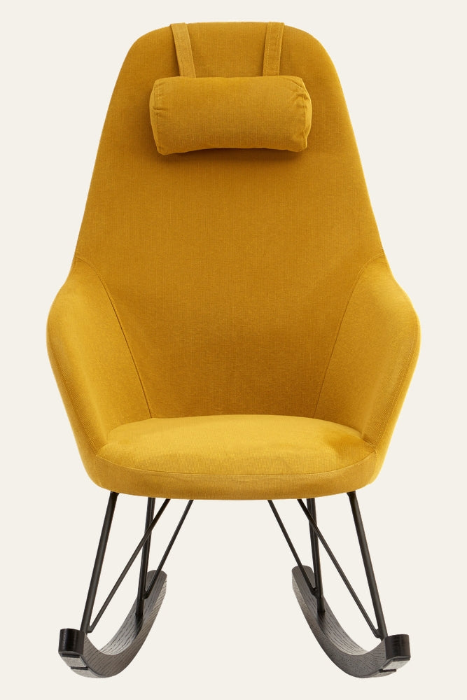 Arariya Open Frame Rocking Chair — mustard yellow fabric upholstered high-back rocker with attached head pillow, black metal open-frame supports and dark wood curved rockers
