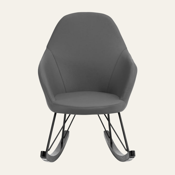 Arariya Rocking Chair — grey upholstered molded shell with stitched seams, black metal rod base and dark wood curved rockers
