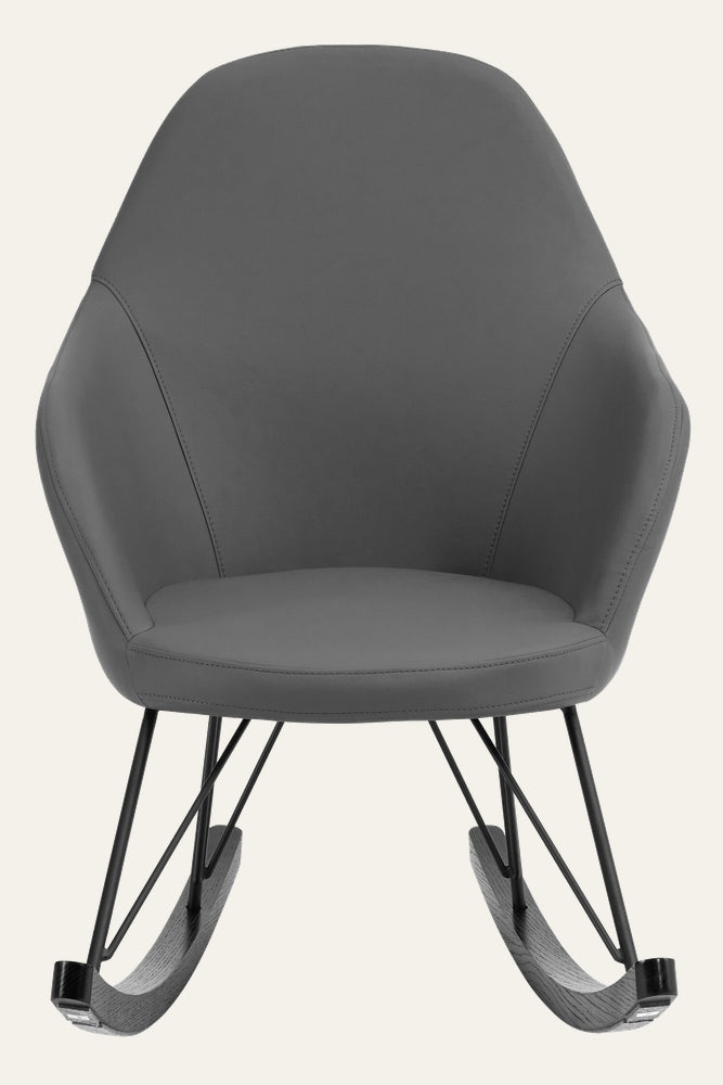 Arariya Rocking Chair with grey upholstered curved shell and stitched seams, black metal support frame and dark wood rockers.