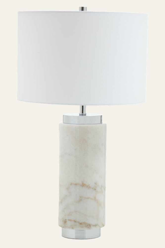 Arelia Marble Table Lamp with white drum fabric shade, rounded rectangular white marble base with beige veining and polished chrome accents