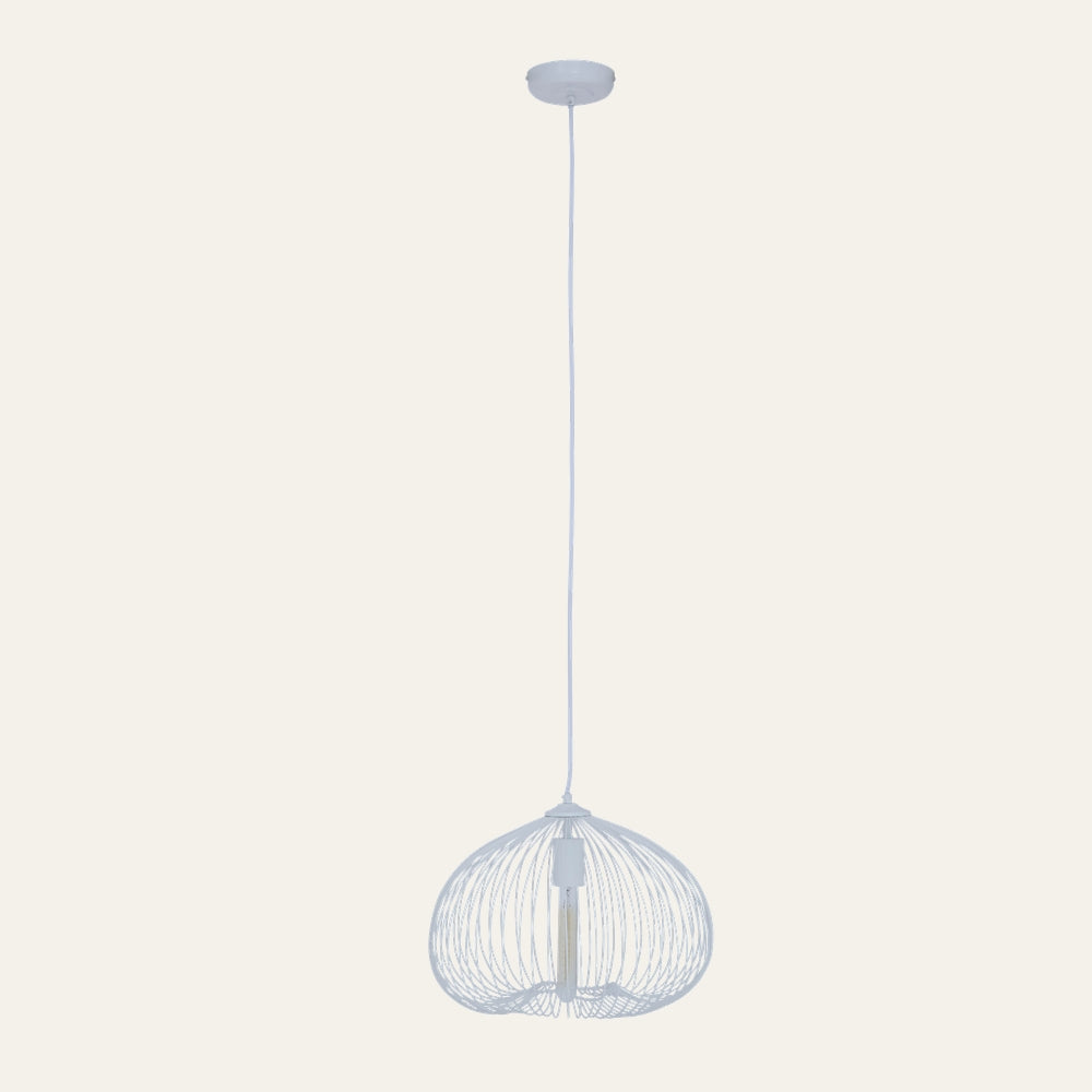 Ariya Open Frame Ceiling Light — white open-wire dome pendant with long suspension cord and round ceiling canopy, exposed tubular bulb visible