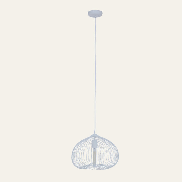 Ariya Open Frame Ceiling Light — white open-wire dome pendant with long suspension cord and round ceiling canopy, exposed tubular bulb visible