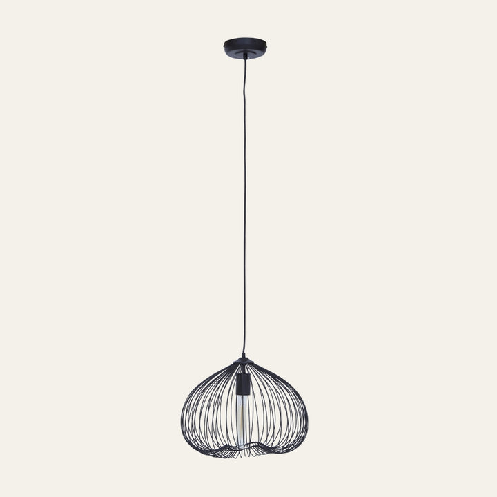 Ariya Open Frame Ceiling Light, black metal wire open-frame pendant with curved cage silhouette and exposed bulb, suspended from a black cord and round ceiling canopy