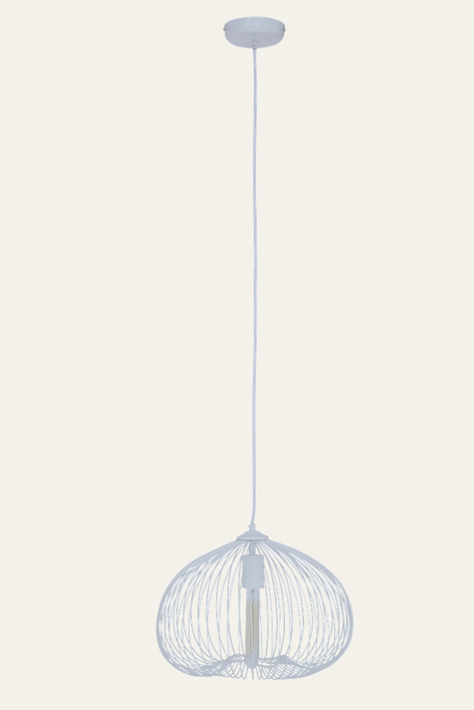 Ariya Open Frame Ceiling Light — white metal open-wire dome pendant with long cord, round ceiling canopy and exposed tubular bulb