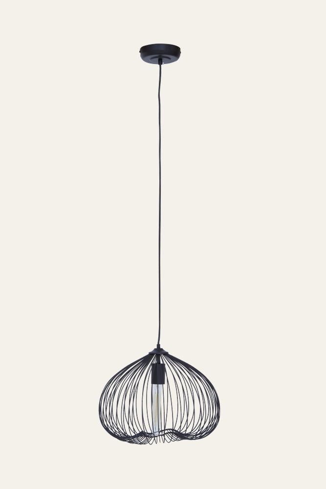 Ariya Open Frame Ceiling Light — black metal open-wire cage pendant in a rounded, petal-like shape with a long black cord, exposed tubular bulb, and black ceiling canopy.