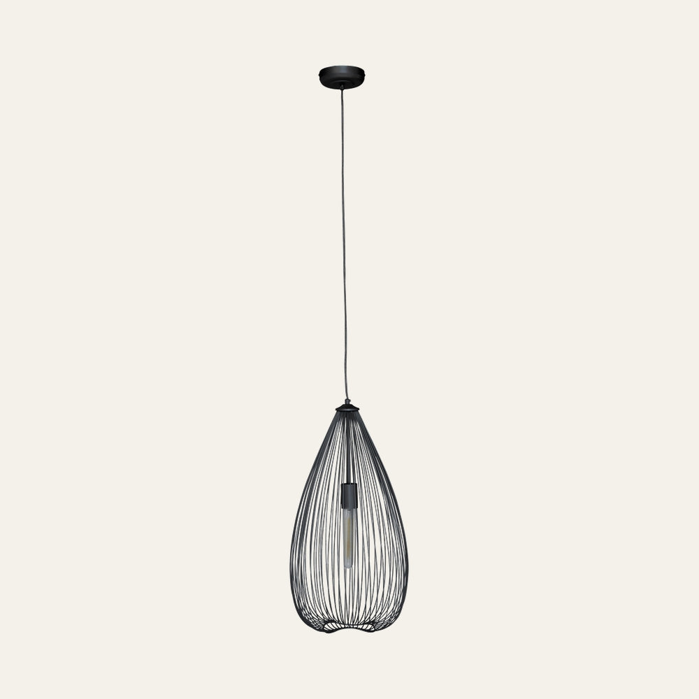 Ariya Teardrop Pendant Light — black metal teardrop wire cage pendant with exposed tubular bulb, black cord and round ceiling canopy.