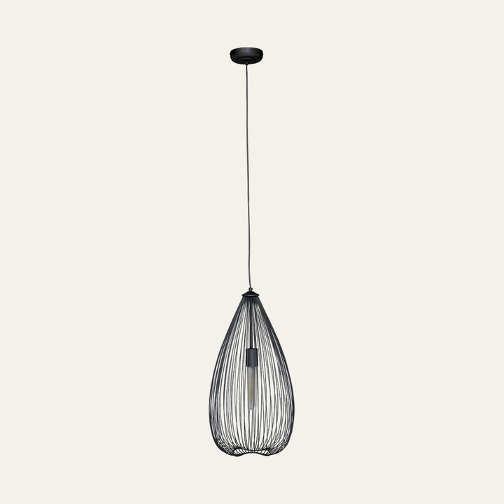 Ariya Teardrop Pendant Light — black metal teardrop wire cage pendant with exposed tubular bulb, black cord and round ceiling canopy.