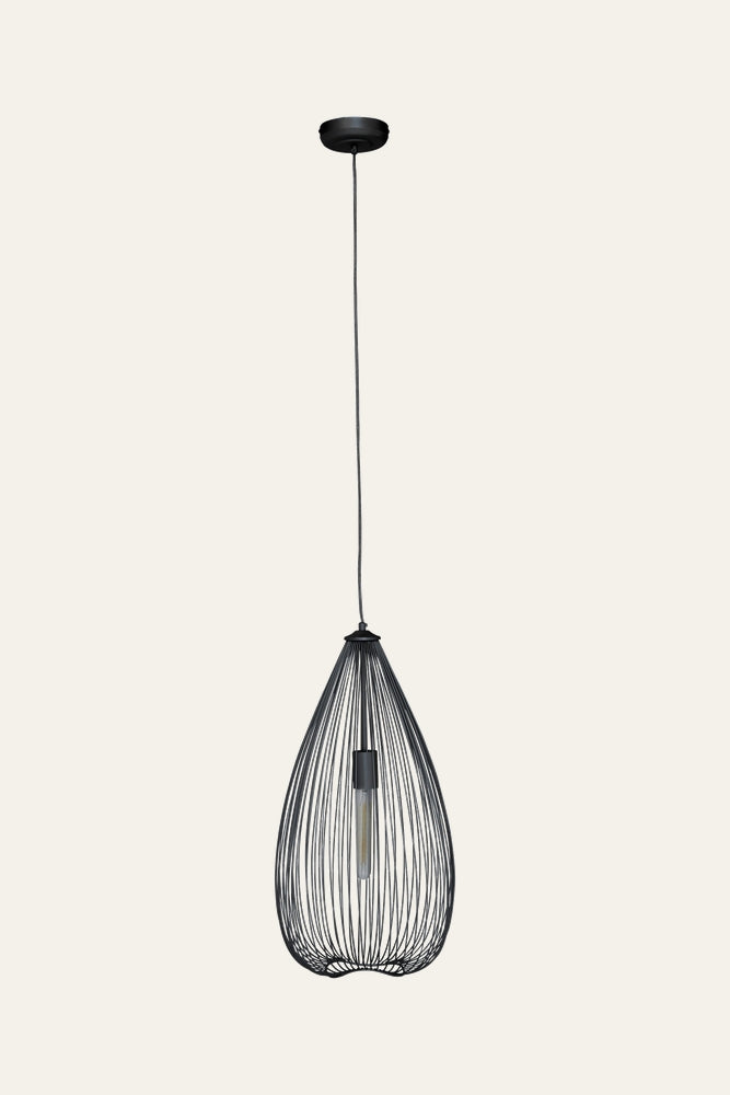 Ariya Teardrop Pendant Light: black metal wire teardrop cage pendant with exposed tubular bulb and black canopy and cord.