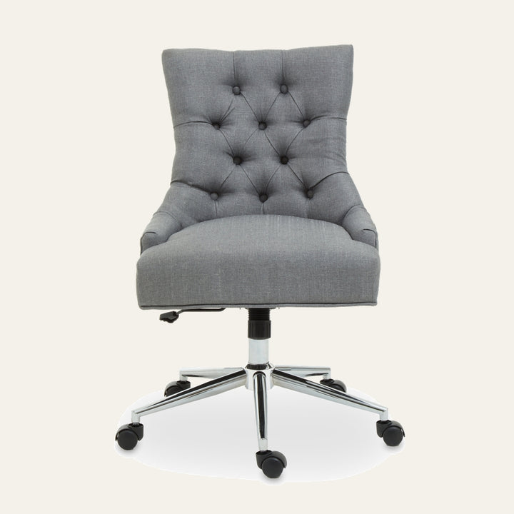 Arkor Chair 95 Chair — grey tufted fabric office chair with diamond button back, padded seat, chrome swivel base and caster wheels
