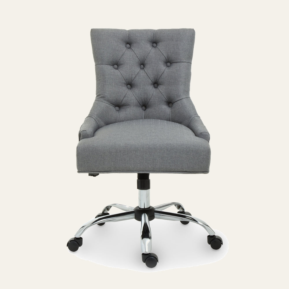 Arkor Fabric Office Chair — grey button-tufted fabric back and cushioned seat with subtle curved arms, chrome five-star base with caster wheels