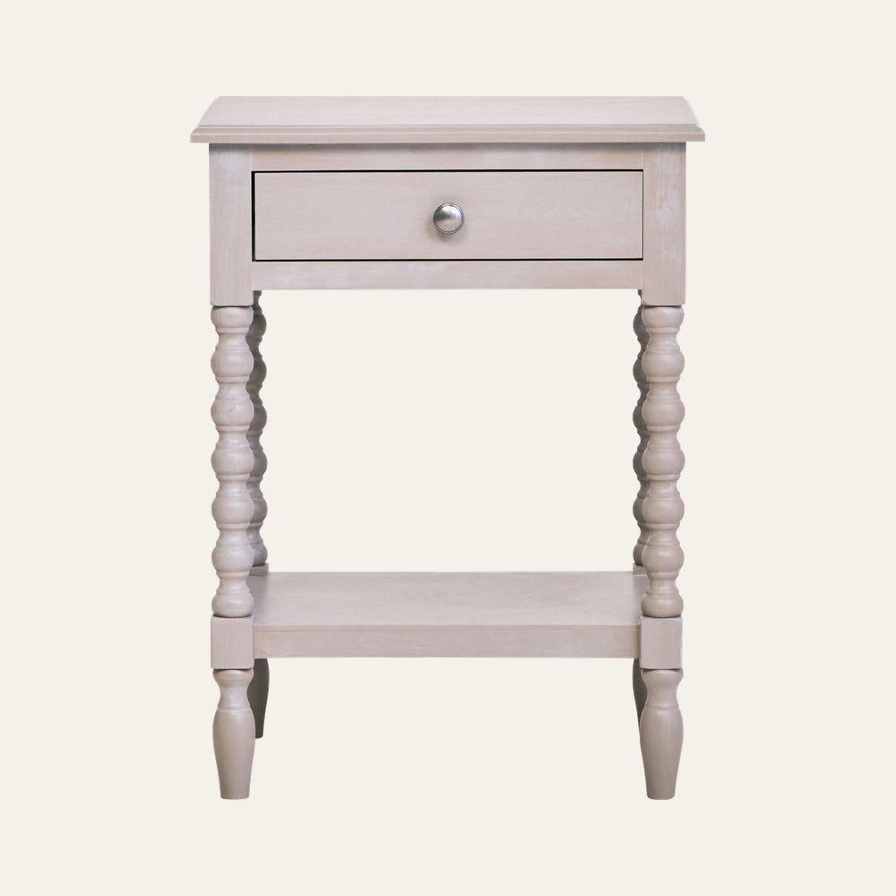 Arlen Bobble Drawer Side Table in light whitewashed wood finish with a single drawer and round metal knob, turned bobble legs and lower shelf.